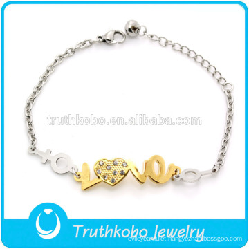 TKB-JB0007 Two tone best-selling 316L titanium steel bracelets & bangles with artifical diamond heart and word love for lovers